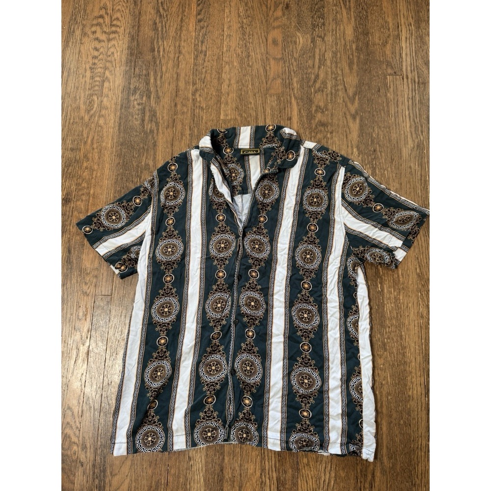 Casa Moda Couture Mens Large SS Button Down Shirt Teal Baroque Medallion Rayon